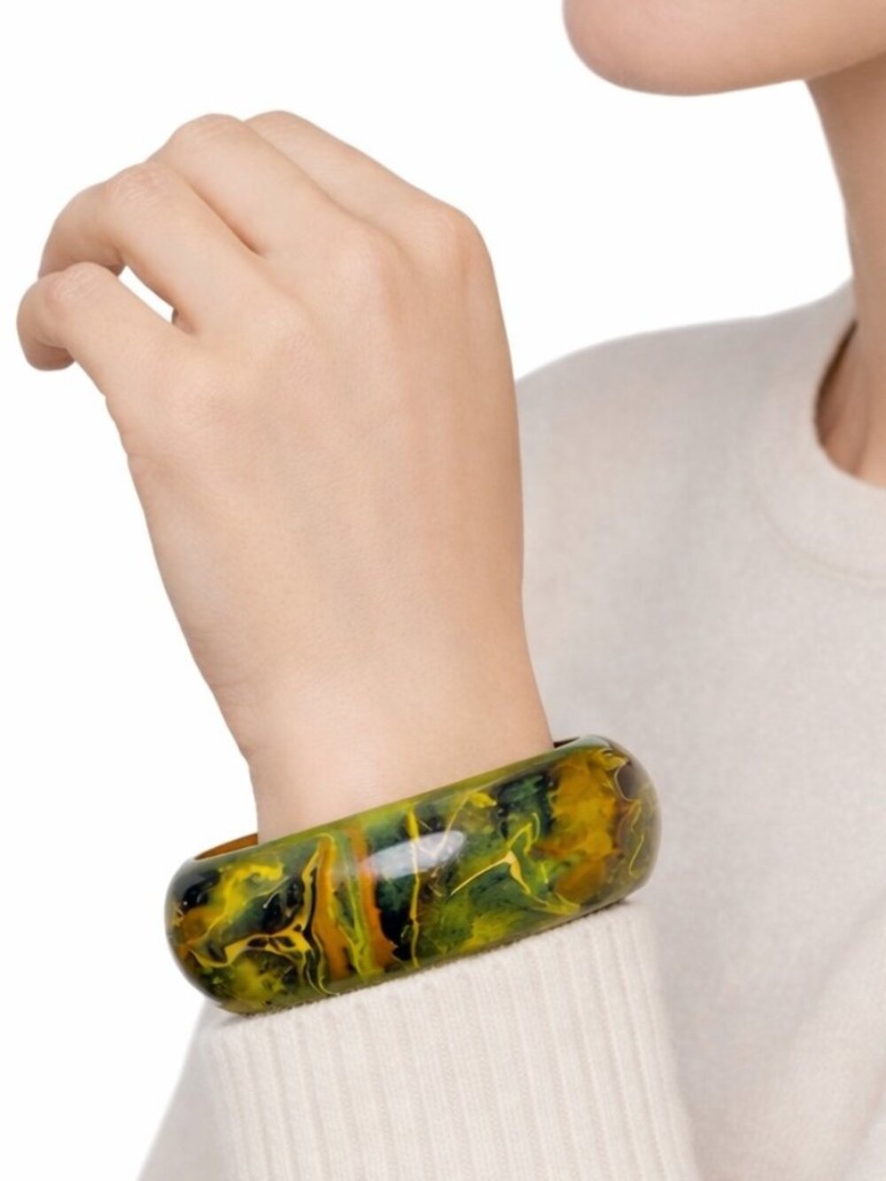 Abstract Bangle Bracelet 8" Green Wood Dome Chunky Marbled Splash Vegan Eco VTG